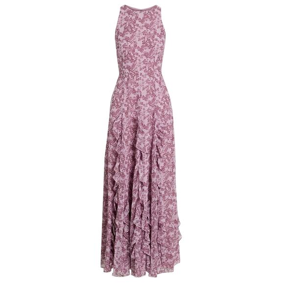 Mikael Aghal Dresses & Skirts - Mikael Aghal Elegant Lilac Ruffled Floral Chiffon Maxi Dress Size 8
